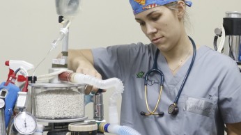 A Volunteer setting up medical equipment
